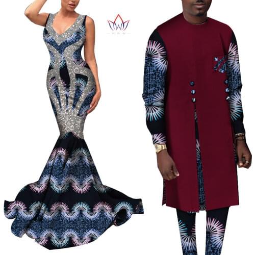 African Print Dresses for Women Bazin Riche African Men Top and Pants Sets African Couple Clothes Wedding Lover Clothes WYQ664