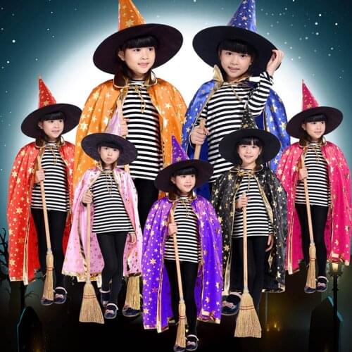Childrens Halloween Cosplay Long Hooded Cloak Wizard Witch Medieval Cape Five-pointed Star Cloak Lace-up Cloak + Hat Jackets