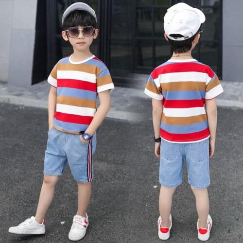 Kids Boys Stripe Tops and Denim Pants Sets Summer Sport Suits Teenage Boy 4 5 6 7 8 9 10 11 12 13 14 Year Children Clothes Set