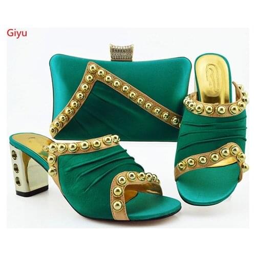 Doershow Fashion Rhinestone teal Shoes And Bag Set Newest African Women low Heels Pumps Matching Purse For Wedding!!HVC1-31
