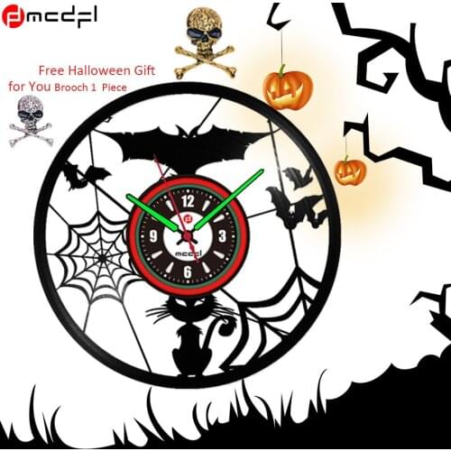 Halloween Party Decorative Accessory Bat Cat Wall Sticker LED Light Vinyl Vintage Wall Clock Luminova Duvar Saati with Free Gift