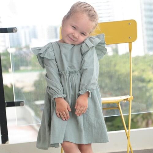 New Spring Autumn Cotton Dress Ruffle Long Sleeve Solid Color Loose Princess Dresses Casual Kids Clothes Girls Dress