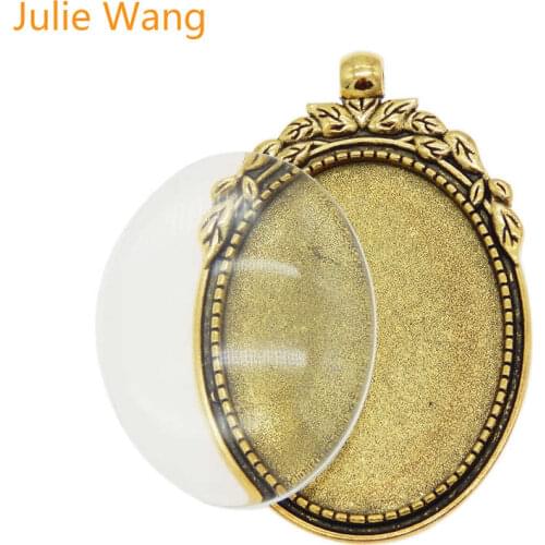 JulieWang 1 Set Antique Gold Oval Cabochon Base Glass Cameo Settings Charm Alloy Pendant Charms Jewelry Making Accessory