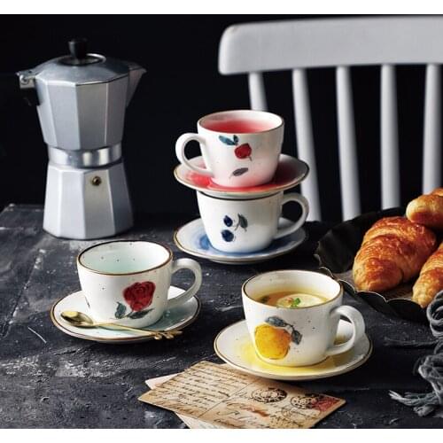 Retro Lemon Blueberry Ceramic Coffee Cup And Saucer Japanese Cup Single Ear Afternoon Tea Saucer Net Red Rose Teacup Mug