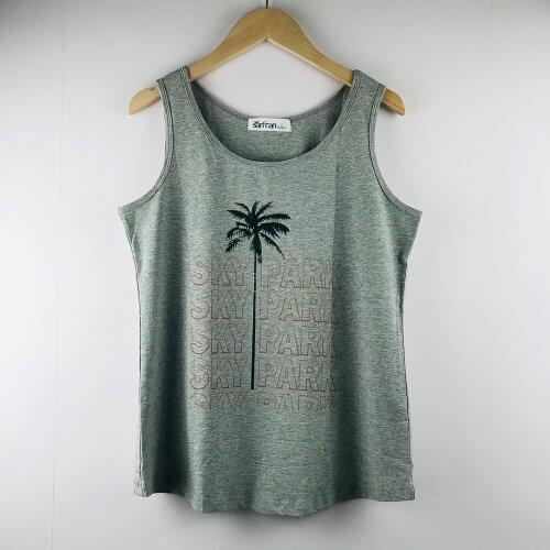 Summer Womens Tank Top Coconut Tree Printing Casual Sleeveless T-Shirt Grey Color Ladies Round Neck Vest Tops for Girl
