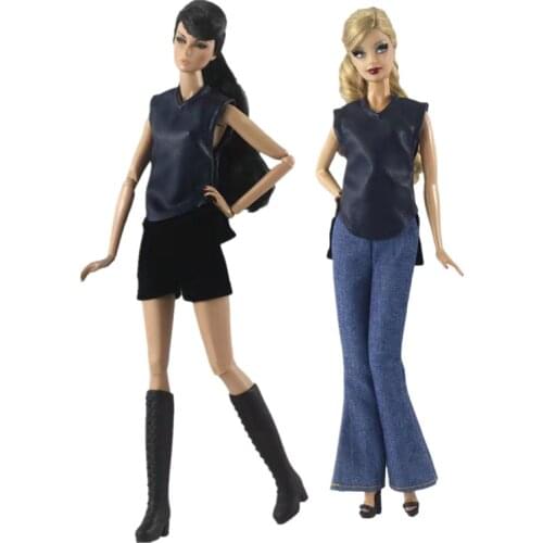 Fashion Sleeveless Leather Style 11.5" Doll Outfits for Barbie Doll Clothes Dark Blue Shirt Top Skirt Pants 1/6 BJD Accessories