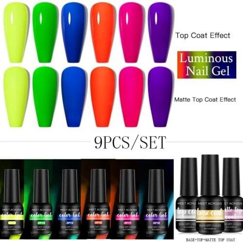 MEET ACROSS Luminous Color Gel Nail Polish Glow In Dark Fluorescent Neon Glue UV LED Soak Off Gel Base Top Coat Set