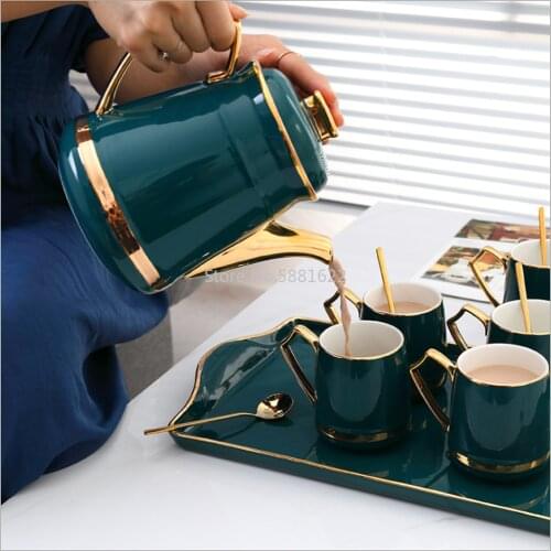 Ceramic Cup Cold Water Bottle Set Dark Green Glaze Water Bottle Sets 6 Cups +1 Kettle +1 Tray Tea Cup Set for Drinkware
