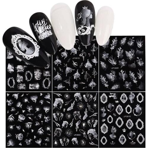 6Pcs/Set Nail Stickers Ballet Crown Black White New Year Sliders Nails Design Decals DIY Nail Art Decorations for Manicure