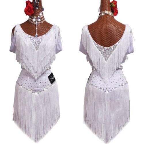 New White Latin Dance Fringe Dress Adult Competition Costume Rhinestone Rumba Tap Dance Salsa Dress Latino Clothes Dress BL4270