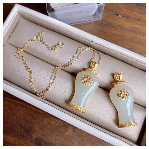 Natural Hetian Jade Vase Diamond Pendant Necklace Chinese Style Retro Unique Craft Light Luxury Charm Womens Silver