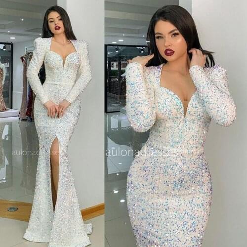 Sexy Prom Dresses Sweeetheart Long Sleeve Mermaid Bling Bling Ivory Sequins Shiny Vestidos De Formature