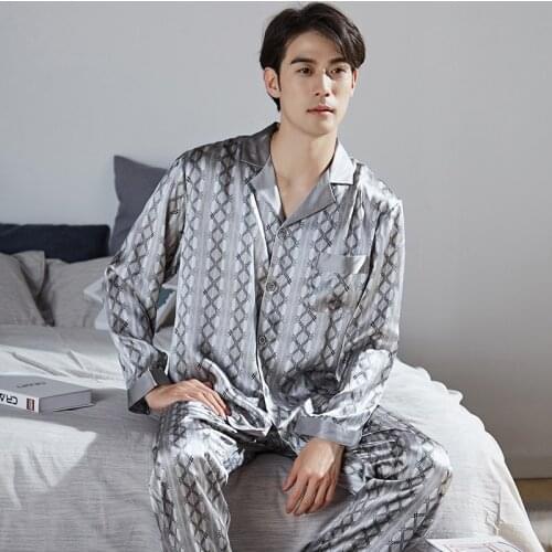 100% Real Silk Pajama for Men Lounge Sleepwear Pyjamas Satin Pijamas Homme PJs Home Clothes Male Hangzhou Pure Silk Pajamas Sets