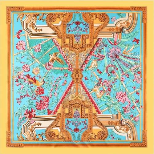 POBING 100% Silk Scarf Women Large Shawls Palace Floral Print Square Bandana Luxury Kerchief Hijab Scarf Female Foulards 130CM