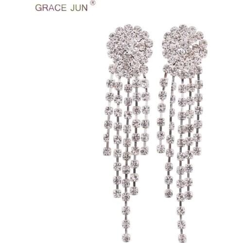 GRACE JUN Luxury Bridal Clip on Earrings No Pierced for Women Fashion Geometric Tassel Needn't Ear Hole Earrings Best Jewelry