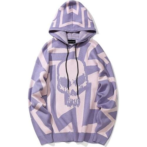 High Street Hoodies Sweatshirt Men Skull Print Knitting Hooded Pullover Hip Hop Loose Casual Sudaderas Unisex Couple Streetwear