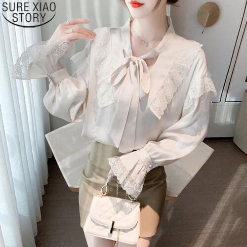 Vintage Blouse Hong Kong Style Chiffon Clothes Strappy Tops Spring 2021 New Lace Ruffled Flare Long Sleeve Women Blouses 13210