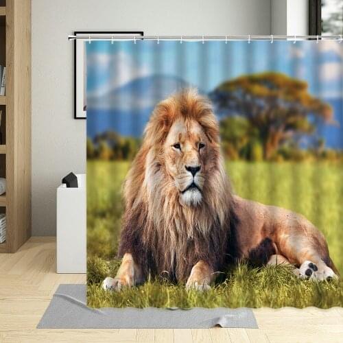 3D Lion Shower Curtain African Wild Animals Waterproof Printing Bathroom Decor Polyester Fabric Machine Washable 240x180cm
