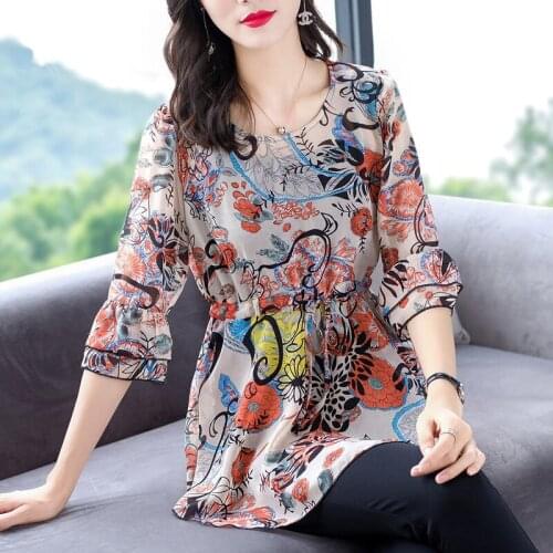 Women Spring Summer Style Chiffon Blouses Shirts Lady Casual Half Sleeve O-Neck Flower Printed Blusas Tops ZZ0649