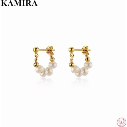 KAMIRA 925 Sterling Silver Vintage Natural Baroque Pearl Bead Hoop Earrings for Women Party Bohemian Huggie Elegant Jewelry Gift