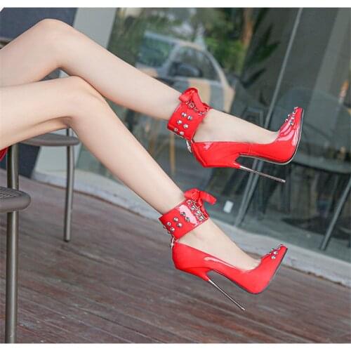 Women Extreme High Heels Pumps Riband Rivets Pointed Toe Thin Heel Sexy Fetish SM Stilettos Nightclub Party Unisex Shoes Size 46