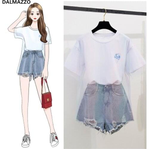Dropshipping Womens Denim Short Suits Clothing Short Sleeve Mesh T Shirt Tops + Tassel Hole Short Pants 2 Pieces Sets Femme