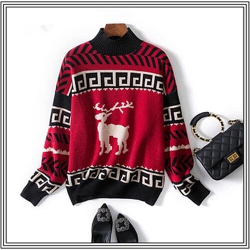 Womens Sweater Retro Knitted Round Neck Pullover Cartoon Black Red Autumn And Winter Sweater Fashion Casual 2021 New