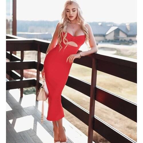 New Blue Red Long Dress Summer 2021 Sexy Spaghetti Strap Hollow Out Bow High Waist V Neck Maxi Party Rayon Bandage Dress