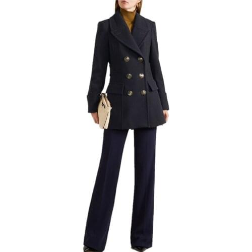 2019 New Arrival Wool Blend Coat Women Long Sleeve Turn-down Collar Casual Autumn Winter Elegant Double Breasted Outwear Jacket