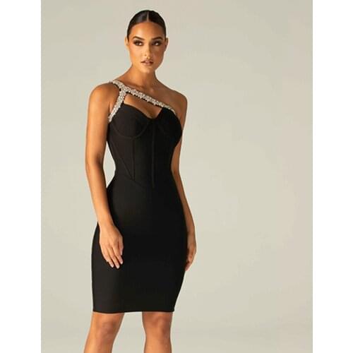 Women Summer Sexy One Shoulder Crystal Diamonds Black Mini Bodycon Bandage Dress 2021 Elegant Evening Party Club Dress Vestidos