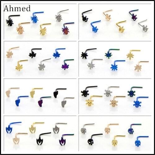 Ahmed 6 pcs/set 7 Shape Nostril Piercings Leaves Skull Scorpion Piercing Nose Stud Stainless Steel Nose Rings Body Jewelry