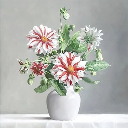 White & Red Dahlia Flowers Arrangement in Vase Diamond Painting Round Full Drill Floral DIY Mosaic Embroidery 5D Cross Stitch