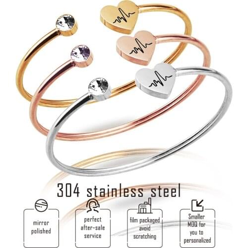 100% Stainless Steel Open Expandable Bangle Gold/Rose Gold metal Adjustable Heart Bead Heartbeat Charm Bangle Wholesale 10pcs