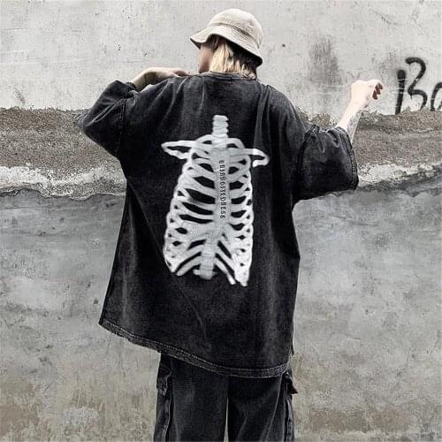 Black Dance Tshirt Summer Men Half Sleeve Hip Hop Bone Print T-Shirt Casual Funny Japan Gothic High Street Tshirt Streetwear Boy