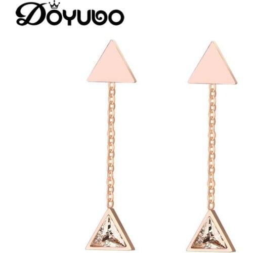 DOYUBO Rose Gold Ladies Triangle Long Drop Earrings With White Cubic Zircon Korean Design Earrings Line Hot Sale Jewelry DB030