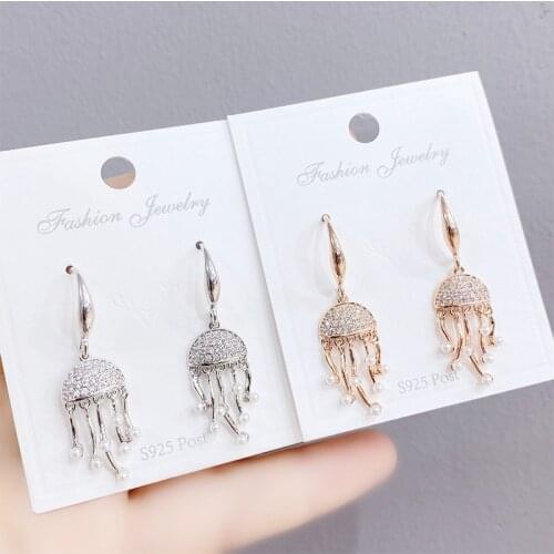 Exquisite 14K Gold Plated Pearl Jellyfish Dangle Earrings For Women Luxury Zircon CZ Earrings Gift