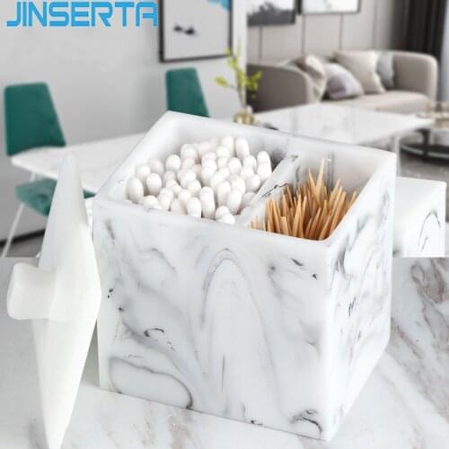 JINSERTA 2-Grids Marbled Resin Storage Box Cotton Swab Pad Organizer with Lid Home Toothpick Holder Luxury Hotel Bathroom Decor