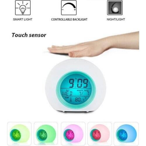 Round 7 Colors LED Alarm Clock Children Study Thermometer Calendar Ball Night Light Alarm Clock Multifunction Snooze Table Clock
