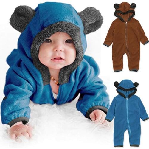 Fashion Newborn Infant Baby Boys Girls Long Sleeve Plush Fleece Bear Ears Jumpsuit Hooded Romper Zipper Winter Warm Outerwear#g4