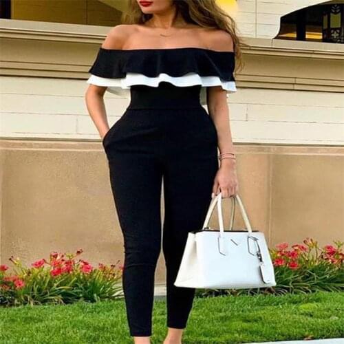 Fashion slim women black jumpsuit autumn summer new One-shoulder eveing club party pencil pant sexy womens rompers