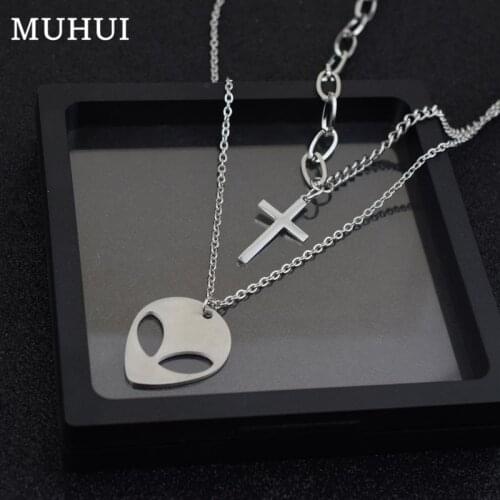 Stainless Steel Alien Cross Pendant Double Chain Long Necklaces For Women DJ Hip hop Street Necklace Men Jewelry Never Fade