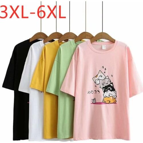 New 2021 Ladies Summer Plus Size Tops For Women Large Short Sleeve Cotton Pink Print Cartoon O-neck T-Shirt 3XL 4XL 5XL 6XL