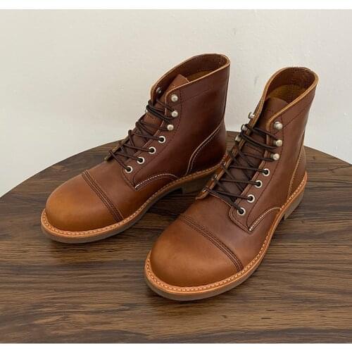 New Goodyear-Welted Vintage British Casual Men Cow Leather Shoes Tooling Wings Ankle Boots Handmade Round Toe Motorcycle Boots