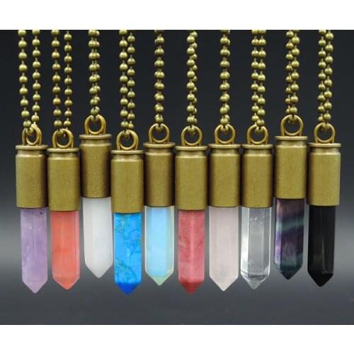 Mixed Stones Hexagon Pillar Point Pendants Necklaces Stone Glued With Copper Bullet Casing Of Plating Bronze Approx 50*10 mm