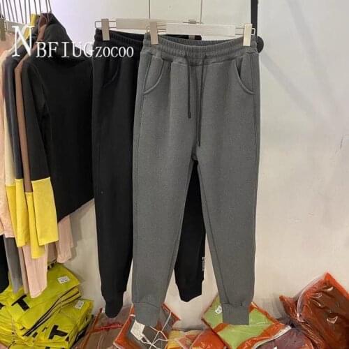 Lining With Fluff Loose Slim Women Pants Black Grey M-XL Female Casual Trousers