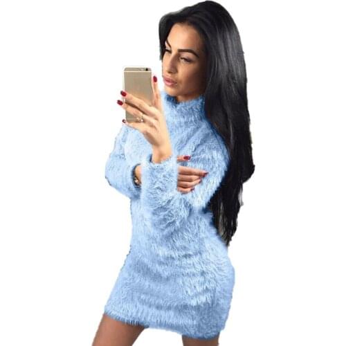 Sexy Long Sleeve Dresses Turtleneck Dress Sweater Women Body Dress Sueters De Mujer Moda Long Hair Dress Teddy Dress Furry