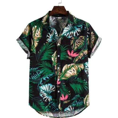 Plus Size Mens Shirts Breathable Short Sleeve Cotton Linen Button Shirt Casual Printing Hawaiian Beach Shirts Chemise Homme