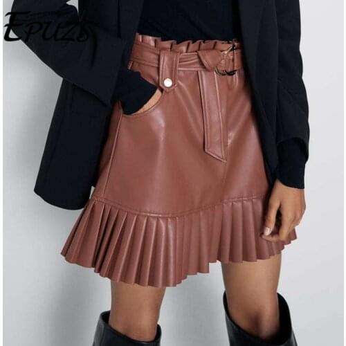 Sexy Chic black Pu leather skirts womens with Belt High Waist Pleated Skirts Casual Streetwear Party mini skirt Faldas