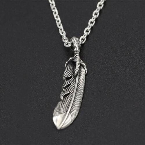 S925 Sterling Silver Jewelry Retro Thai Silver Mens Handmade Personalized Eagle Claw Feather Pendant