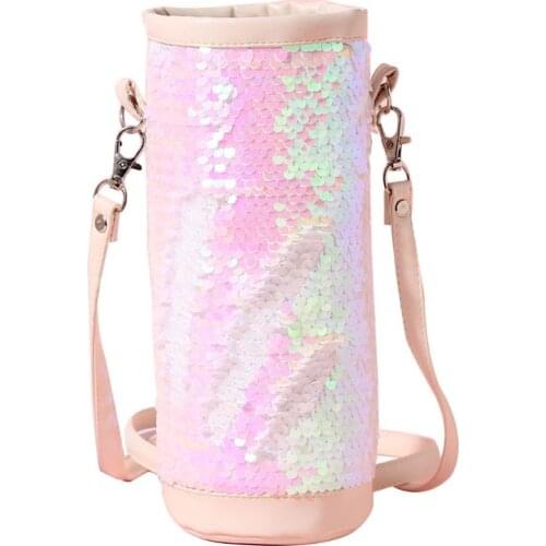 Water Bottle Carrier Insulated Cover Bag Sequin Holder Shoulder Strap Pouch